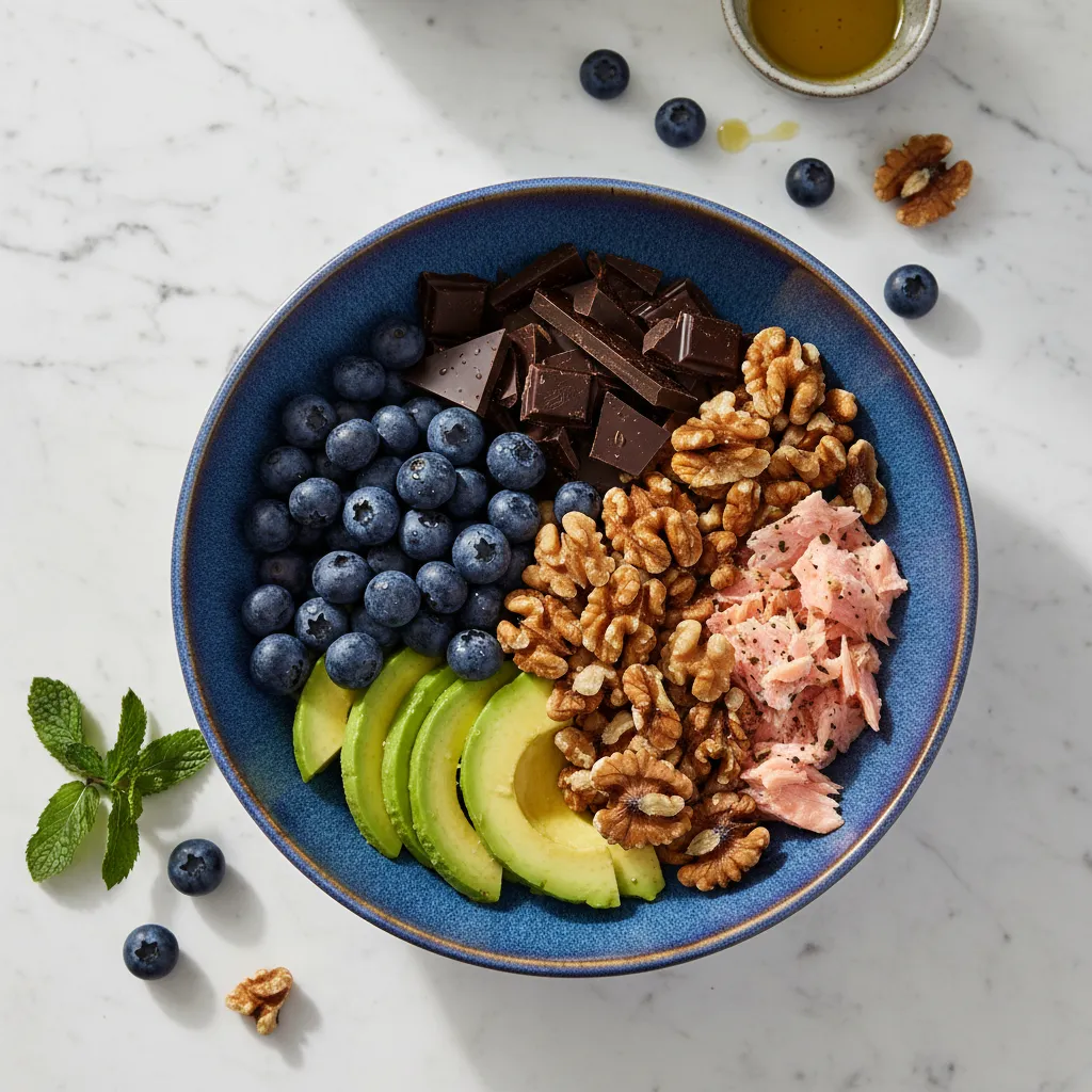 Alimentation anti-stress : assiette d'aliments apaisants riches en nutriments