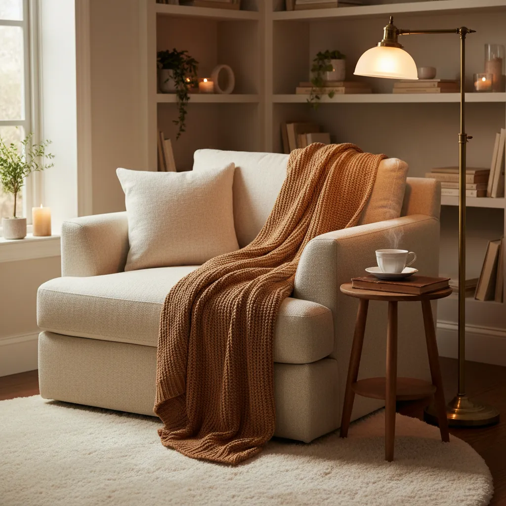 Coin lecture cocooning avec fauteuil et plaid douillet