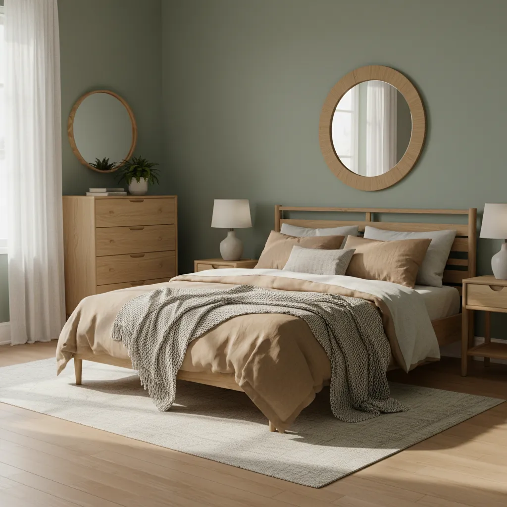 Chambre aux couleurs apaisantes avec murs bleu doux et lumière naturelle filtrant par la fenêtre