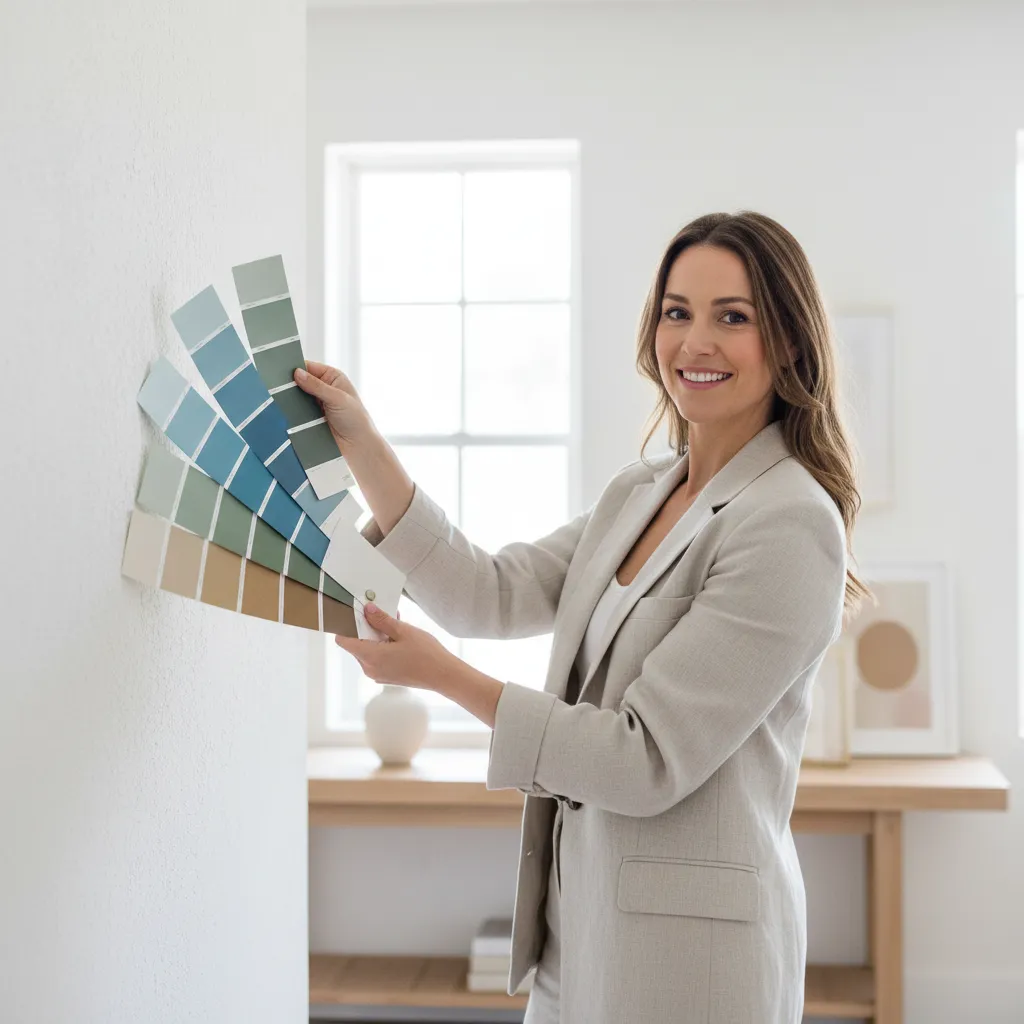 Salon aux couleurs apaisantes avec murs vert sauge et mobilier en bois naturel