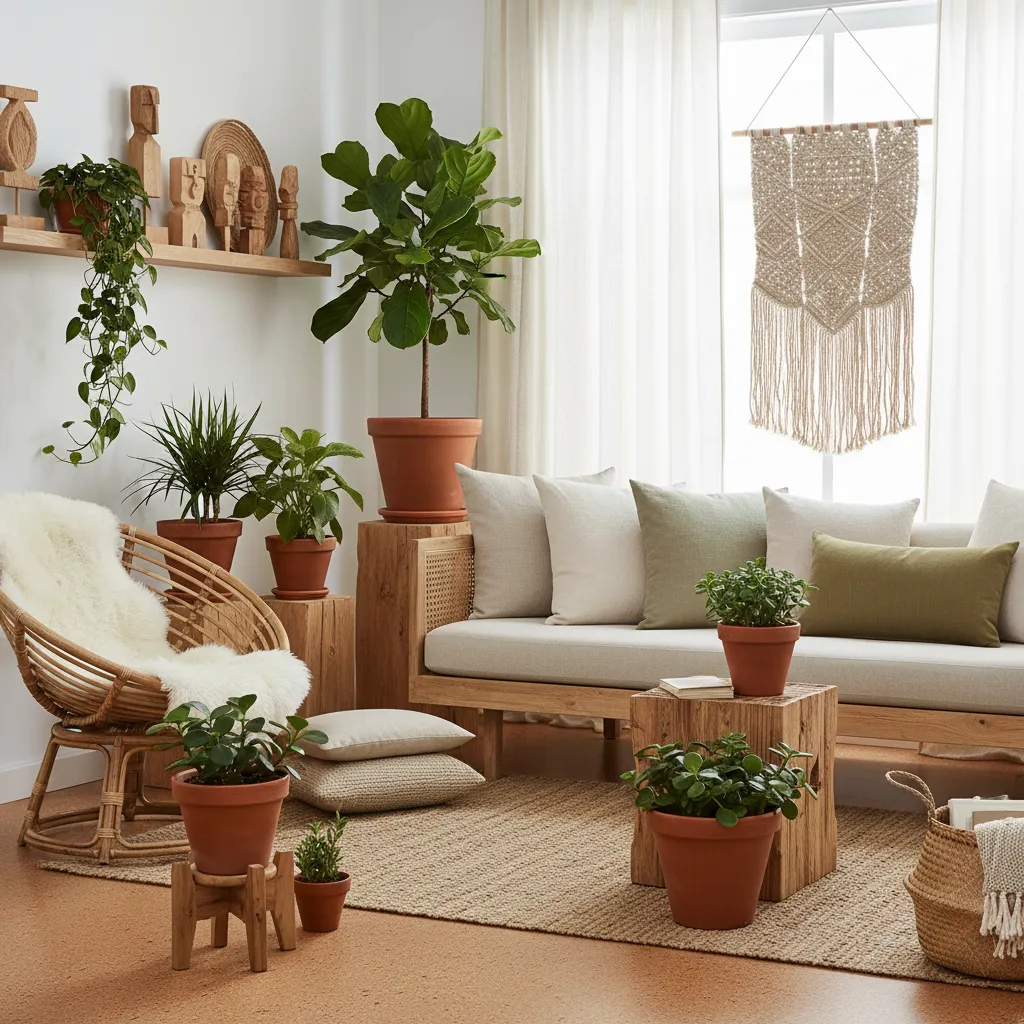 Salon lumineux avec décoration naturelle en bois, lin et plantes séchées dans un intérieur éco-responsable