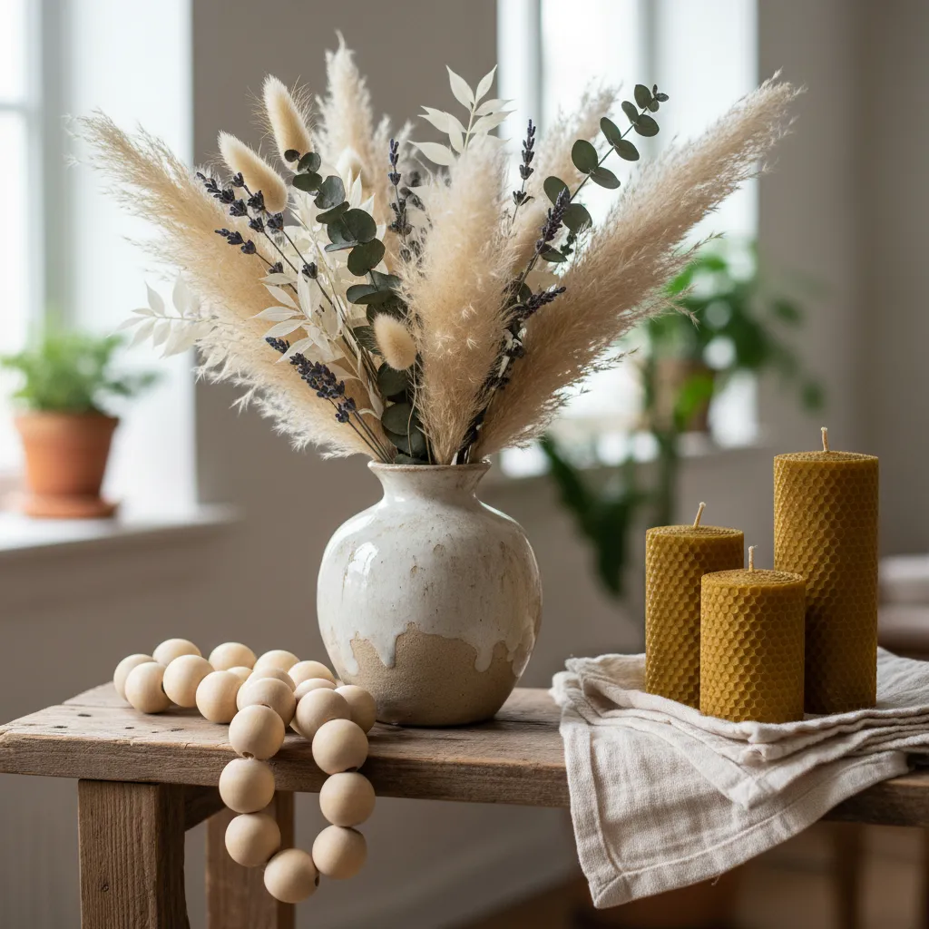 Décoration naturelle avec galets, bois brut et plantes vertes sur une étagère