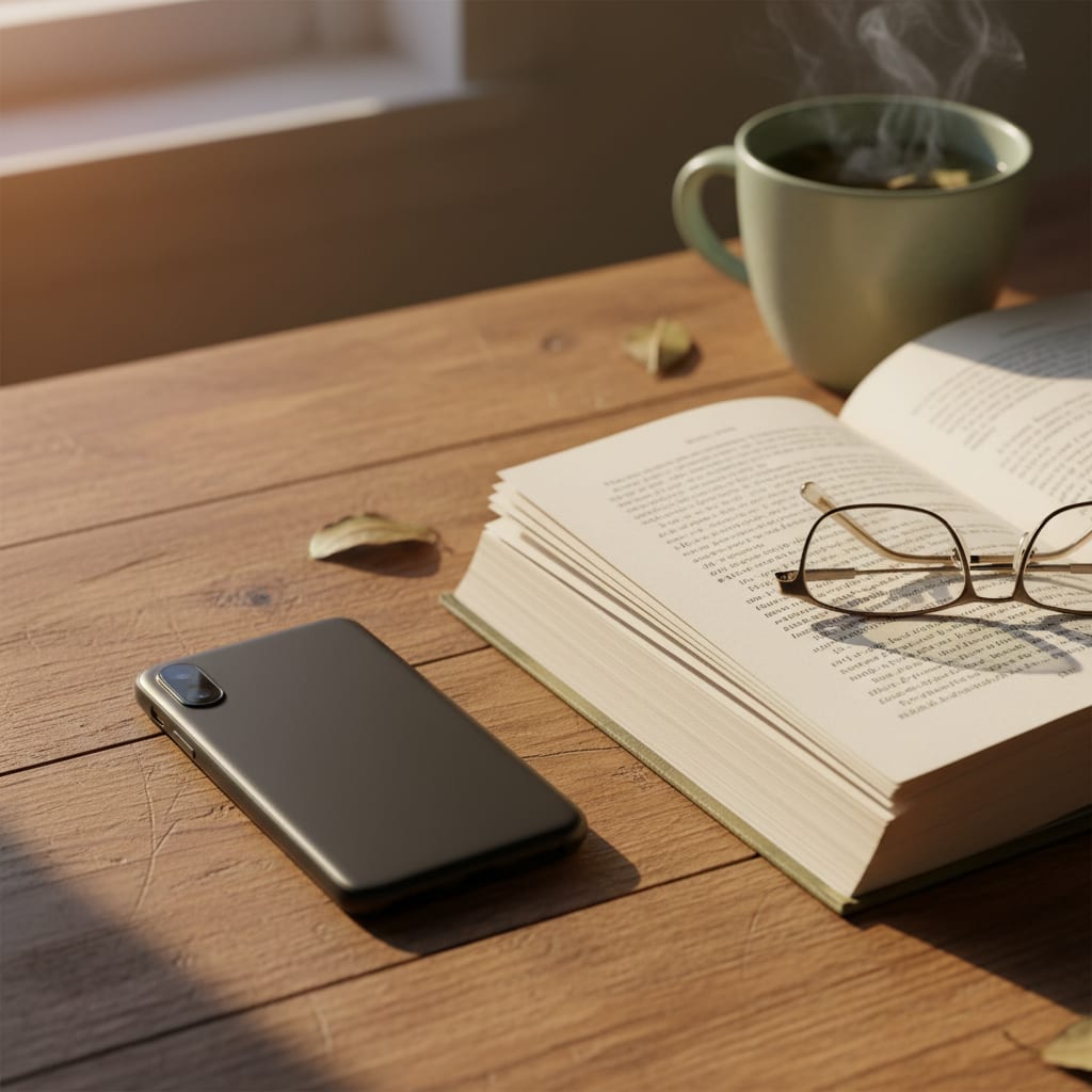 Téléphone posé sur une table pendant une digital detox