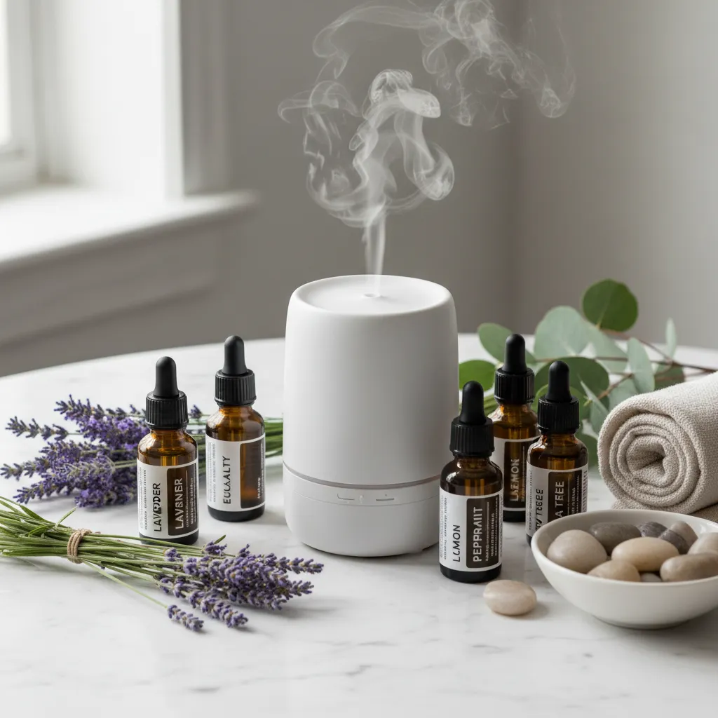 Flacons d'huiles essentielles maison avec diffuseur et plantes sur une table en bois