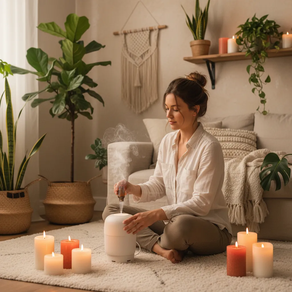 Diffuseur d'huiles essentielles maison dans un salon lumineux avec plantes vertes