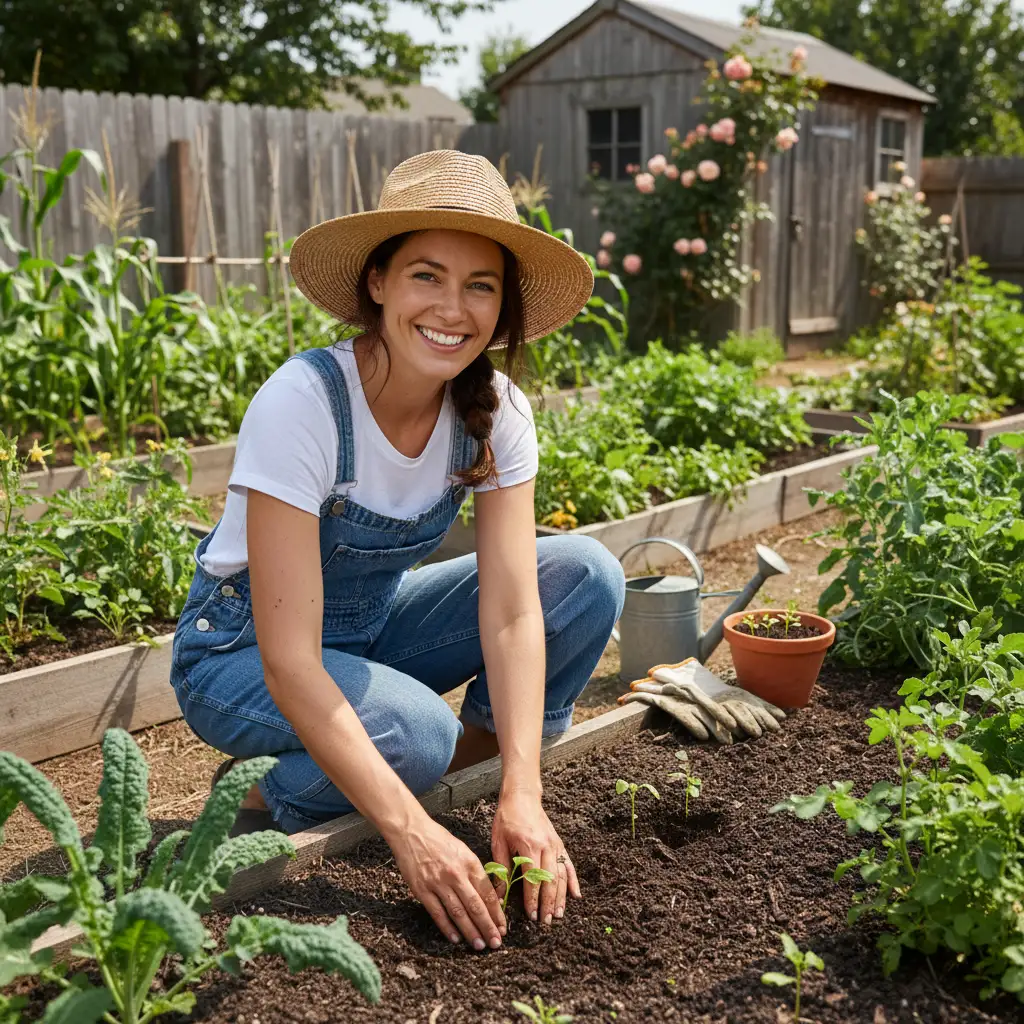 Jardinage bien-être : mains dans la terre avec des plants de tomates et herbes aromatiques