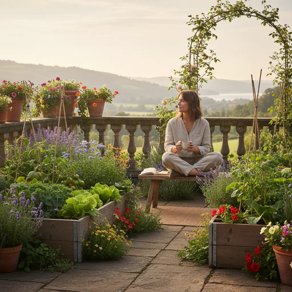 Jardinage bien-être sur un balcon suisse avec herbes aromatiques et tomates cerises en jardinières
