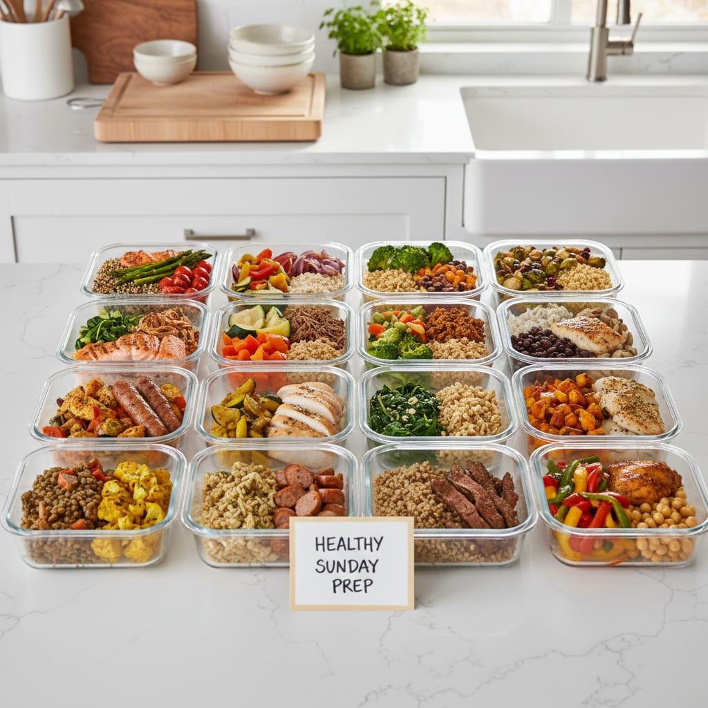 Meal prep du dimanche avec des contenants de repas pour la semaine