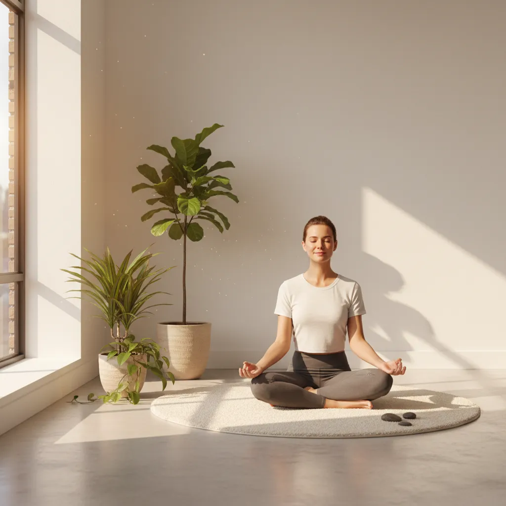 Méditation pleine conscience dans un salon calme et lumineux