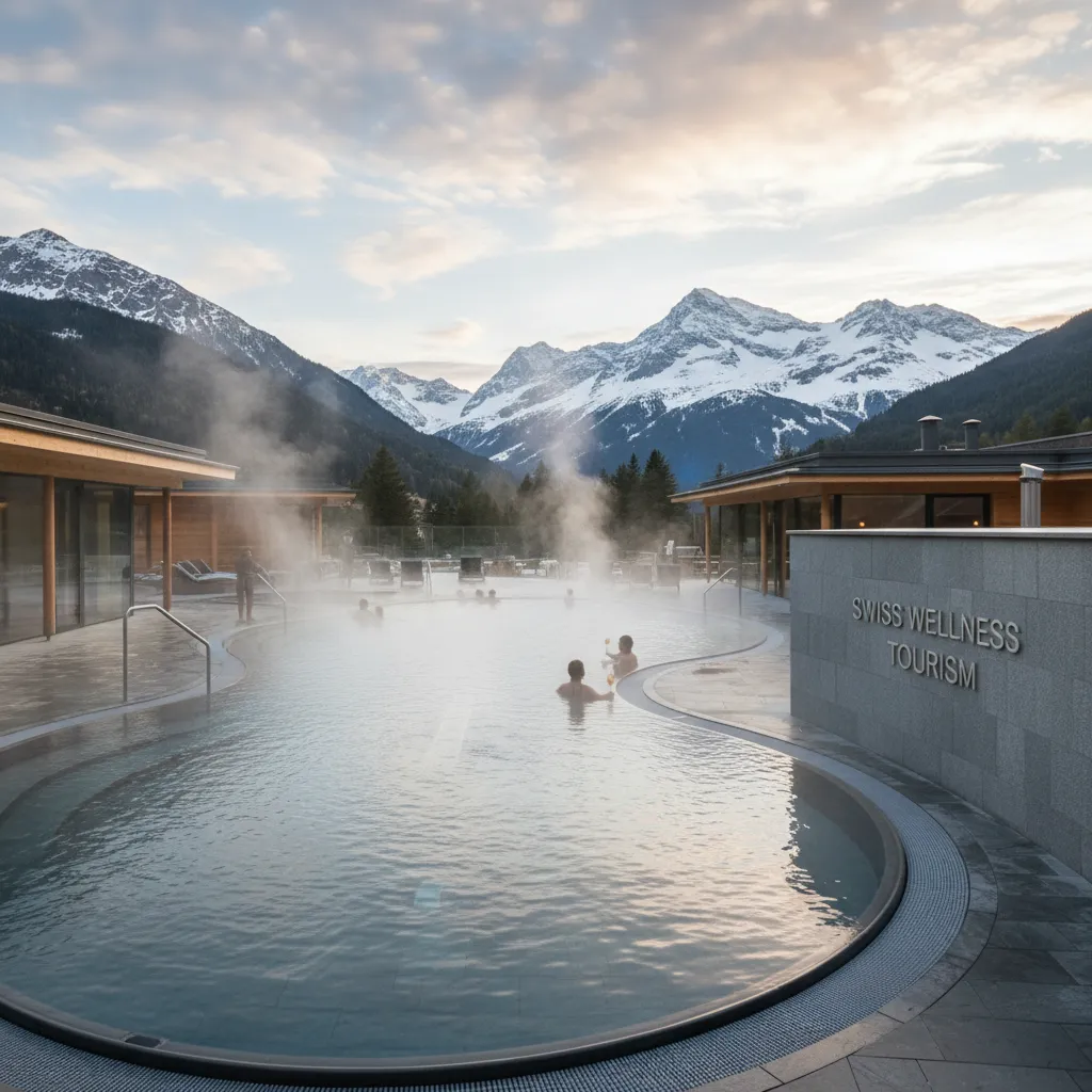 Vue panoramique sur un bassin thermal extérieur dans les Alpes suisses avec montagnes enneigées en arrière-plan