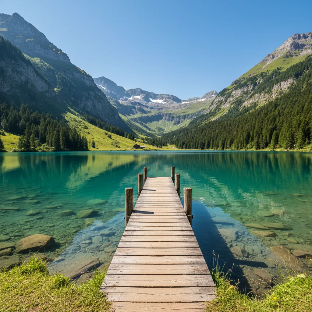 Lac alpin cristallin entouré de montagnes suisses, idéal pour la baignade en été
