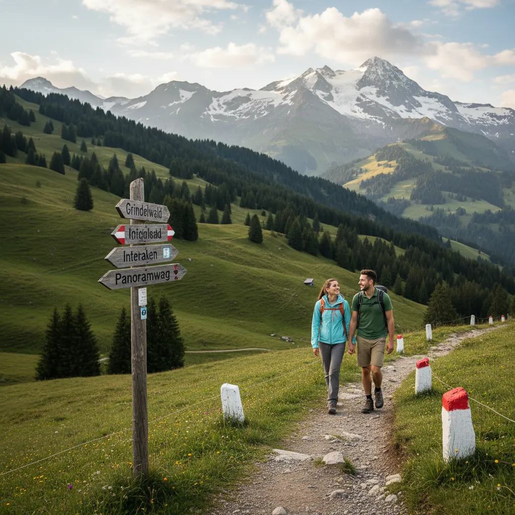 Sentier panoramique dans l'Oberland bernois avec vue sur l'Eiger, le Mönch et la Jungfrau