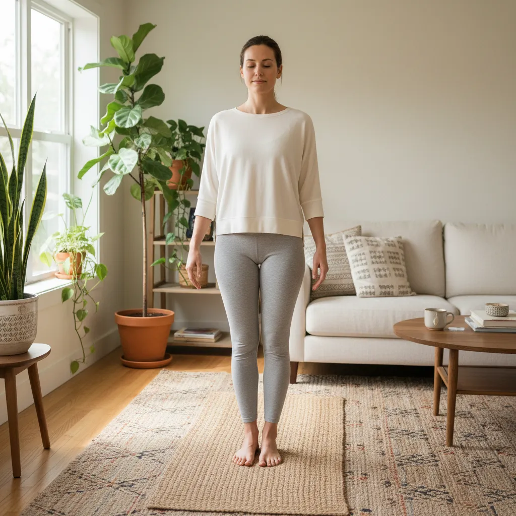 Femme pratiquant une posture de yoga débutant sur un tapis dans son salon lumineux